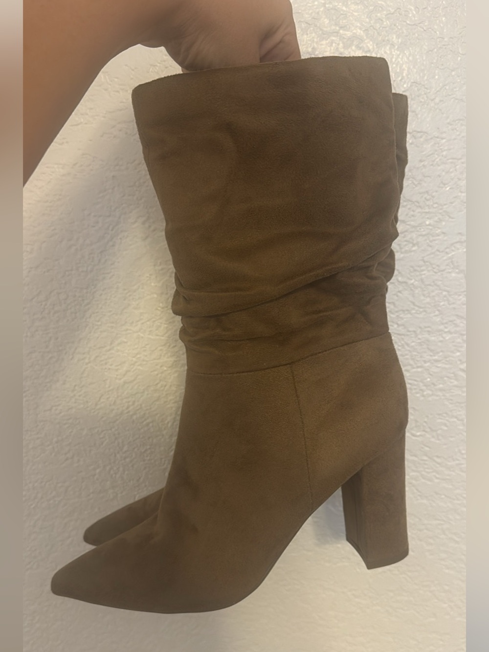 Marc Fisher Brown Suede Slouch Pointed-Toe Block Heel Boots